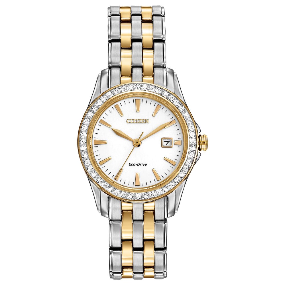 Citizen Women's Eco-Drive Dress Classic Crystal Watch in Two-Tone Stainless Steel, Silver Dial, 28mm (Model: EW1908-59A)