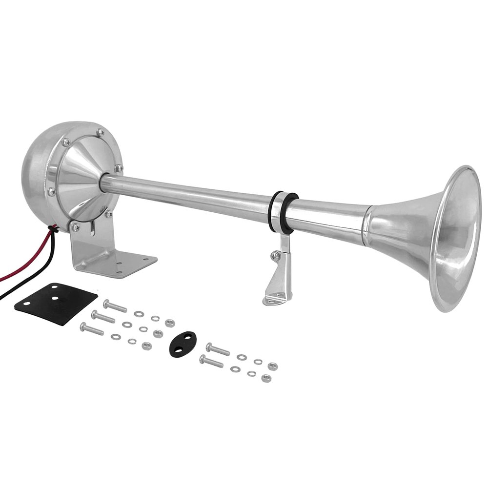 ISURE MARINE 12v Marine Boat Stainless Steel Single Trumpet Horn 118dbComplete Set,Low Tone,15-3/4"Waterproof Electric Horn for Ships Boats Sailboats Yachts Trucks SUV RV Touring Car etc