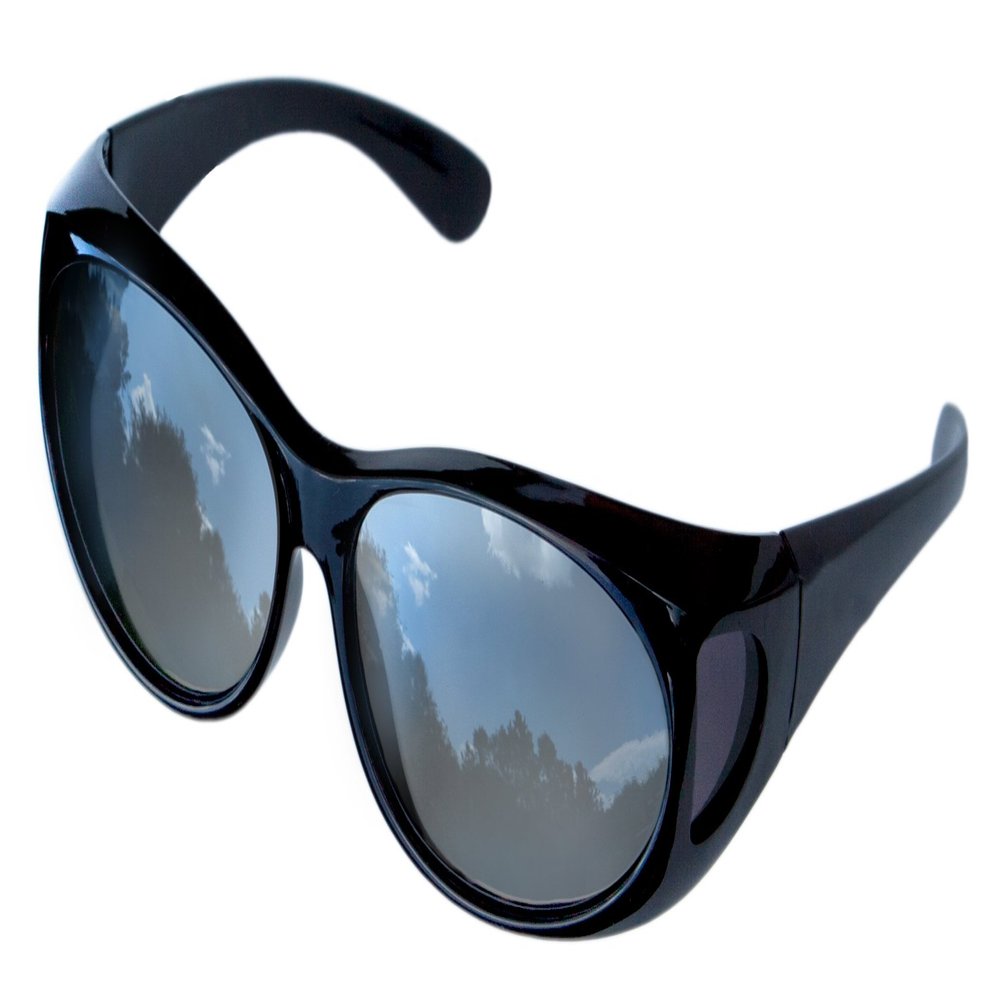 LensCovers Small Polarized Sunglasses | Wear Over Prescription Glasses| Fitover for Glasses up to 5 5/16'' X 1 5/8'' | Black Frame and Reflective Lens