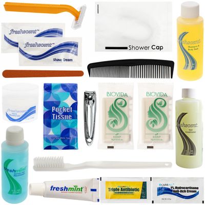 Moda West 24 Kits - Bulk Case of Wholesale 19-Piece Hygiene & Toiletry Kit for Men, Women, Travel, Charity, Homeless Shelters, Bathroom Personal Care Essentials for Donation, Emergency, Hotels & More