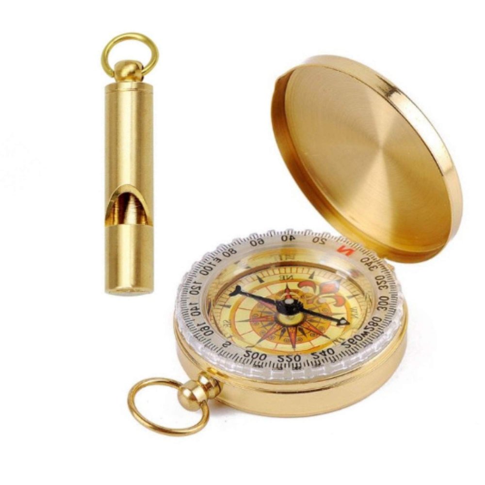 FUTURESTEPS Brass Compass - Includes Solid Brass Whistle - New Version - Survival Set - 105 Decibels - Survival Kit - Solid Brass Compass - Carry in Pocket or on Necklace - Two Pieces