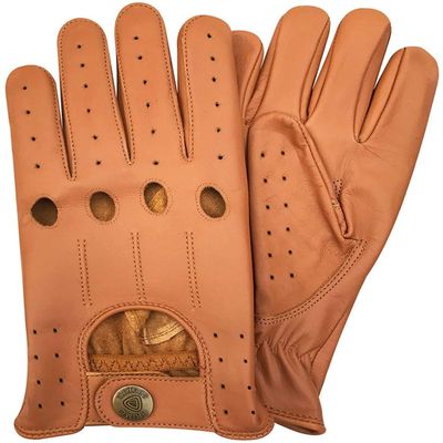 Real Soft Leather Mens Driving Gloves Retro Style Unlined Fashion Glove D-507 All (Tan, Large)