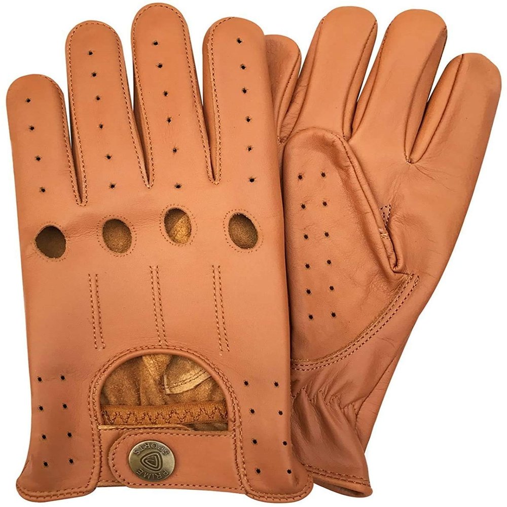 Real Soft Leather Mens Driving Gloves Retro Style Unlined Fashion Glove D-507 All (Tan, Large)