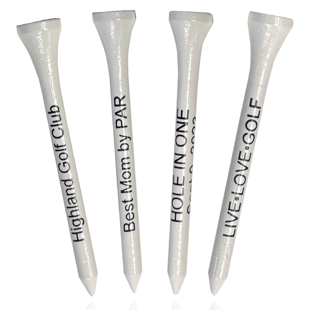 2  Bamboo Golf Tees, Customizable Golf Tees with 24 Characters for Messages Imprinted in Your Chosen Color, Pack of 100,White