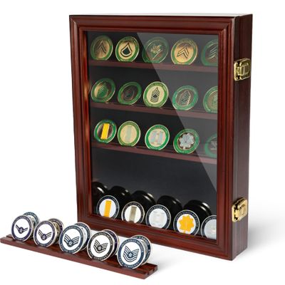DECOMIL Challenge Coin Display Case |14"x11"| Medal Display , Poker Chip Case | Display Shelf for Collectibles , 30 Coin , Cherry Finish