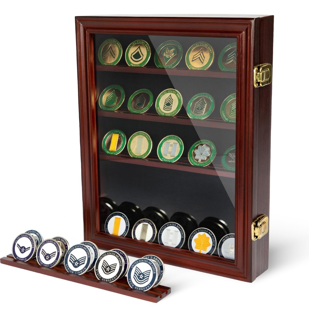 DECOMIL Challenge Coin Display Case |14"x11"| Medal Display , Poker Chip Case | Display Shelf for Collectibles , 30 Coin , Cherry Finish