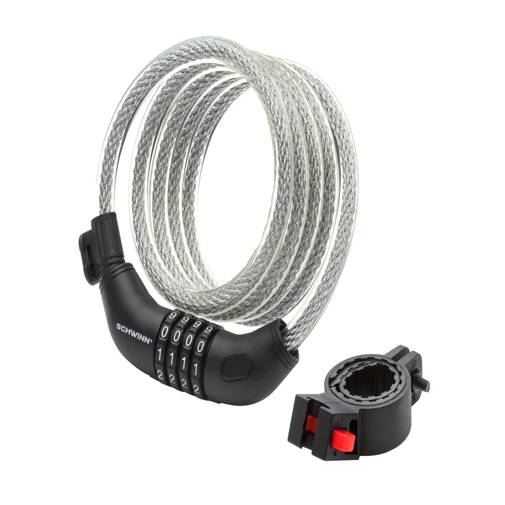 Schwinn Bike Combination Cable Lock, 6 ft x 12 mm, Black & Silver, Durable Steel, Vinyl Cover, Carrying Bracket for Storage and Transport, Anti Theft Protection, Bike Lock Cable for Security