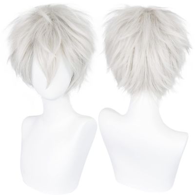 ANOGOL Hair Cap+ Short White Wig for Men Silver White Men's Cosplay Wig Short Silver Mixed White Anime Wigs with Bangs Ivory Hair Straight Fluffy Silvery Halloween Wigs Christmas Party Costume