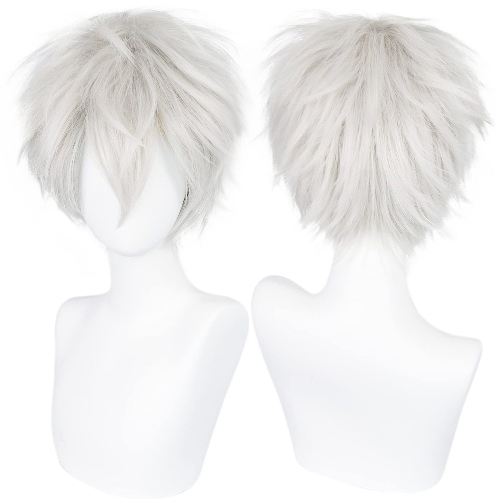 ANOGOL Hair Cap+ Short White Wig for Men Silver White Men's Cosplay Wig Short Silver Mixed White Anime Wigs with Bangs Ivory Hair Straight Fluffy Silvery Halloween Wigs Christmas Party Costume