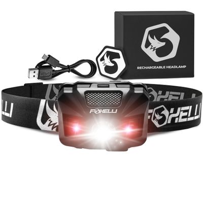 Foxelli USBCRechargeable LED Headlamp UltraLight 2.4oz & Bright180Lumens Red/White Light, 5Modes, IPX5 Waterproof, 40h Runtime for Trail Running, Camping, Hiking
