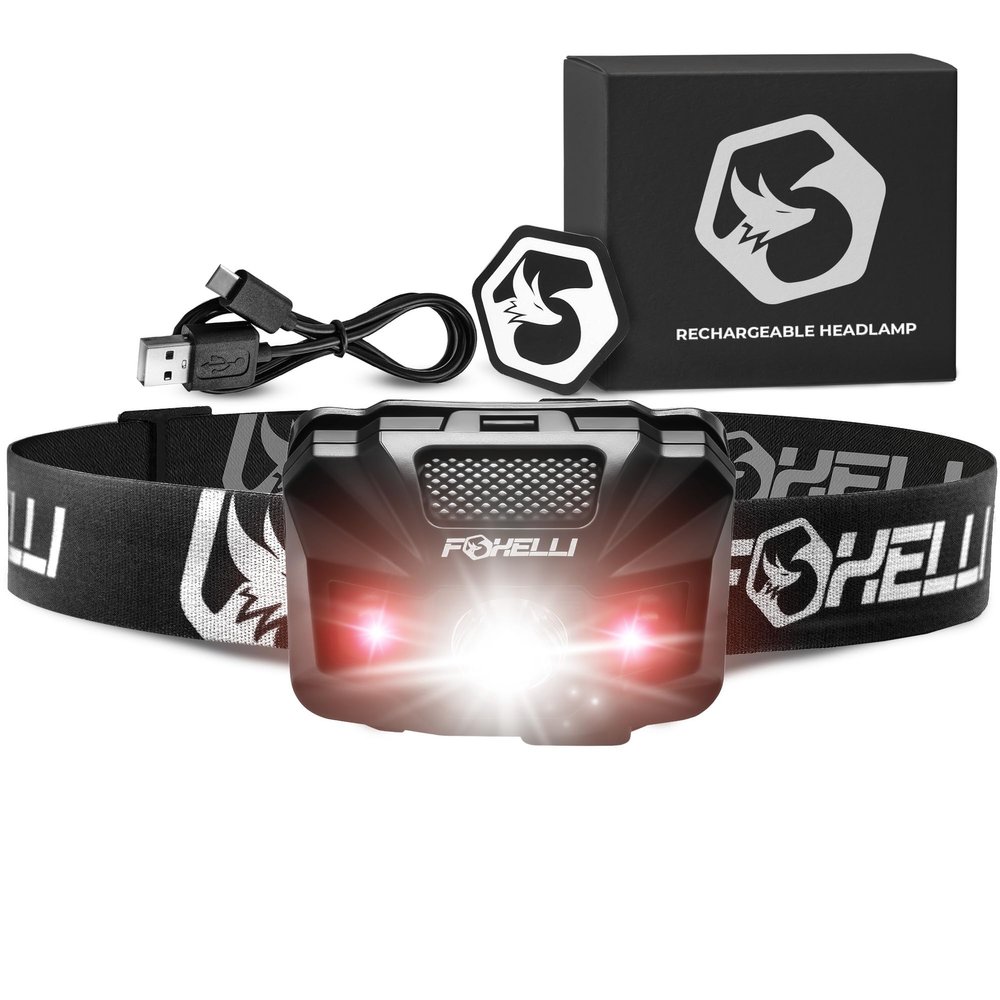 Foxelli USBCRechargeable LED Headlamp UltraLight 2.4oz & Bright180Lumens Red/White Light, 5Modes, IPX5 Waterproof, 40h Runtime for Trail Running, Camping, Hiking
