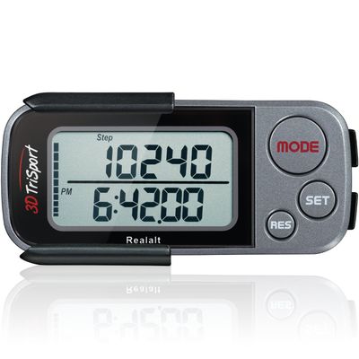Realalt 3DTriSport Walking 3D Pedometer with Clip & Strap, eBook Included | 30 Days Memory, Accurate Step Counter, Walking Distance Miles/Km, Calorie Counter, Daily Exercise Time Monitor - Grey/Black