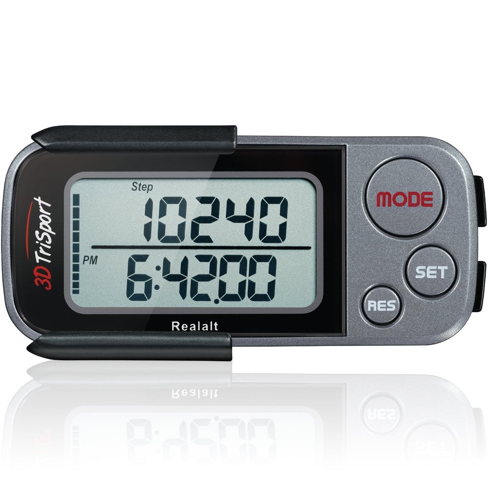 Realalt 3DTriSport Walking 3D Pedometer with Clip & Strap, eBook Included | 30 Days Memory, Accurate Step Counter, Walking Distance Miles/Km, Calorie Counter, Daily Exercise Time Monitor - Grey/Black