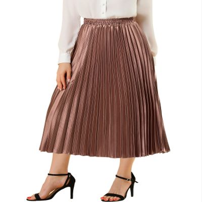 Allegra K Women Pleated Skirt Midi Length Elastic High Waisted A Line Swing Flare Metallic Shirring Party Valentines Skirts Medium Copper