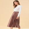 Allegra K Women Pleated Skirt Midi Length Elastic High Waisted A Line Swing Flare Metallic Shirring Party Valentines Skirts Medium Copper view 4