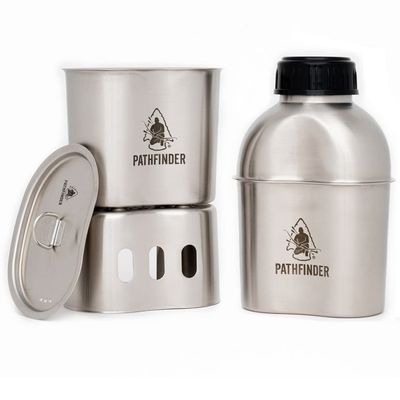 The Pathfinder School Metal Canteen Cooking Set - Survival Gear - Camping Essentials Mess Kit - Military Grade Outdoor Eating Kit - Hiking and Trail Cook Set