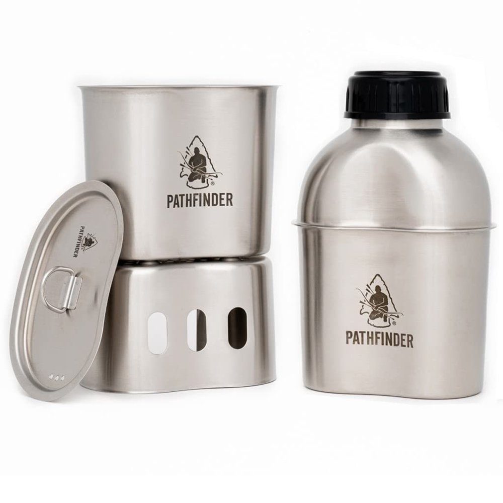 The Pathfinder School Metal Canteen Cooking Set - Survival Gear - Camping Essentials Mess Kit - Military Grade Outdoor Eating Kit - Hiking and Trail Cook Set