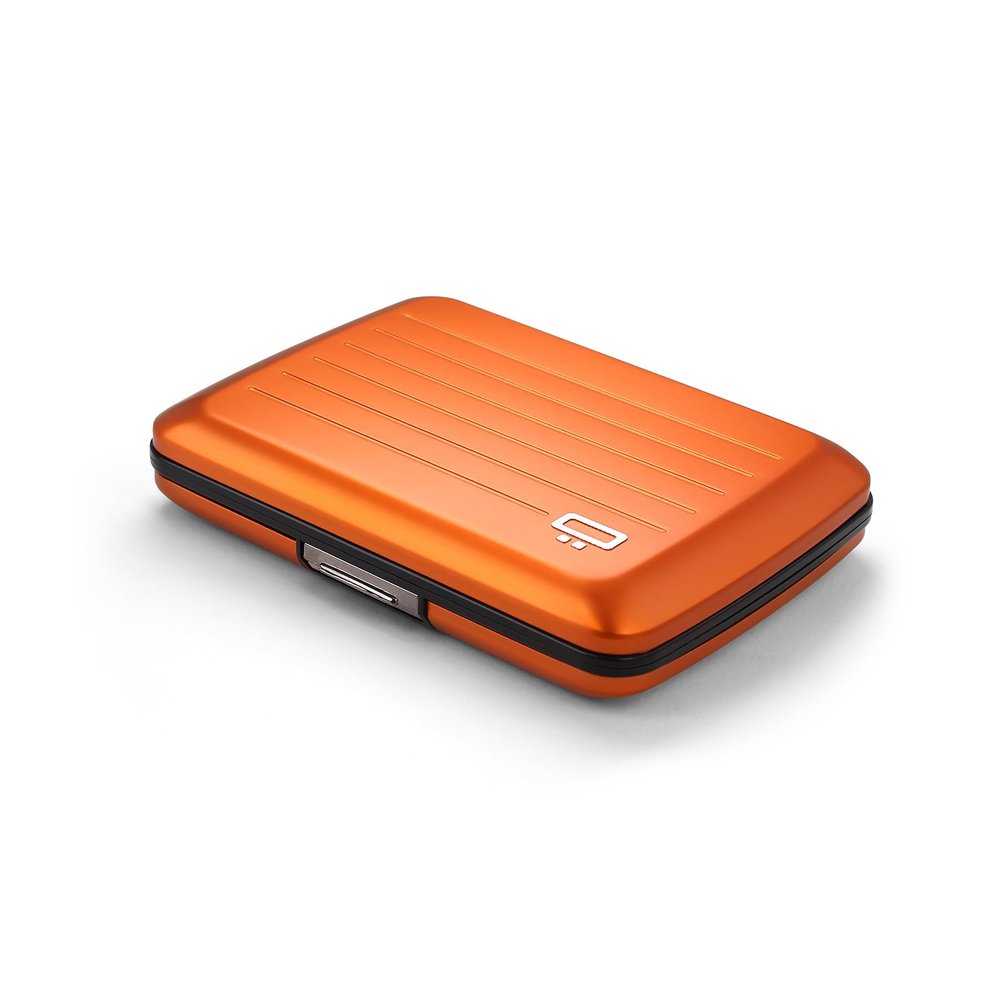 GON -DESIGNS- Aluminum card holder with metal lock, RFID protection against fraud and demagnetization, compact wallet, Smart Case OSLO model (Aluminum Orange)