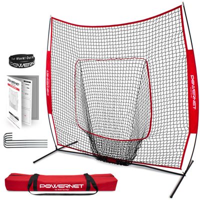 PowerNet Baseball & Softball Practice Net 7x7 FT, Outdoor Baseball Training Equipment for Pitching & Batting Practice (Red Net)