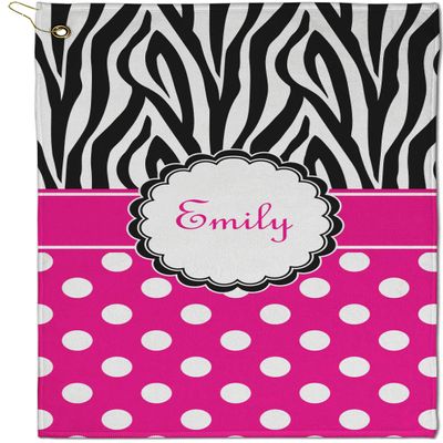RNK Shops Personalized Zebra Print & Polka Dots Golf Towel - Poly-Cotton Blend - Small w/Name or Text