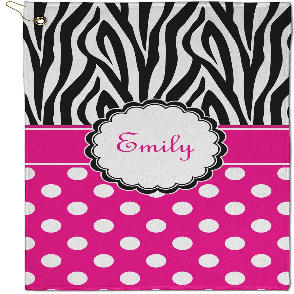 RNK Shops Personalized Zebra Print & Polka Dots Golf Towel - Poly-Cotton Blend - Small w/Name or Text