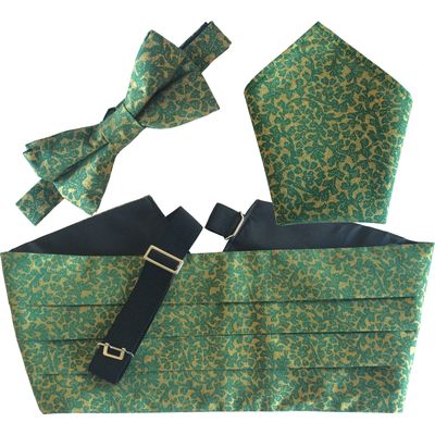 Christmas Cummerbund Sets: Includes Bow Tie & Hanky (Green & Gold Leaf)