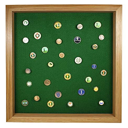 Eureka Golf Products Golf Ball Marker Display Case w/ Acrylic Cover | Holds 100 Pegged or Non Pegged (Flat) Ball Markers | Oak Finish | Wall Mounted Wooden Case | Measures 15.5" W X 16.5" H