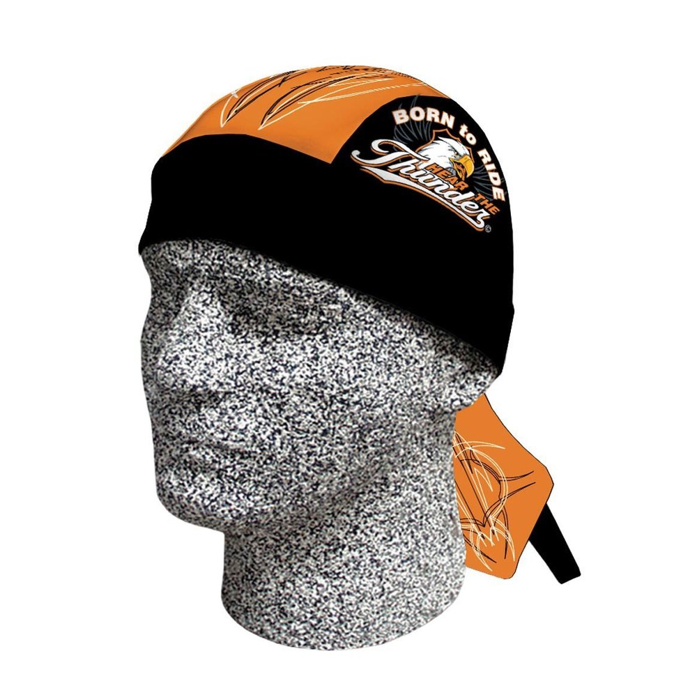 Danbanna Deluxe Born to Ride Hear the Thunder Eagle Bandana Headwrap Headscarf Adjustable Cap Hat Black Orange White with Terry Cloth Sweatband By Capsmith