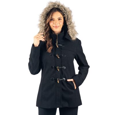 Alpine Swiss Duffy Womens Wool Blend Toggle Coat Removable Faux Fur Hood Classic Duffle Overcoat Warm Winter Jacket BLK M