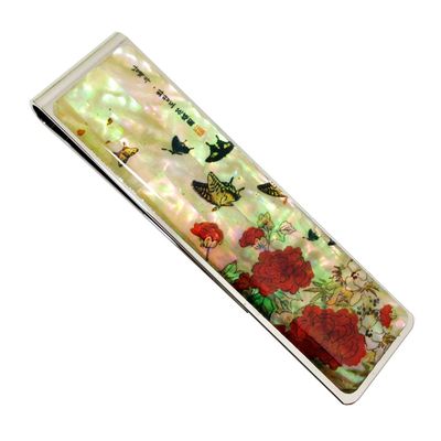 Antique Alive Mother of Pearl Red Peony Flower Butterfly Slim Stainless Steel Metal Money Clip Holder