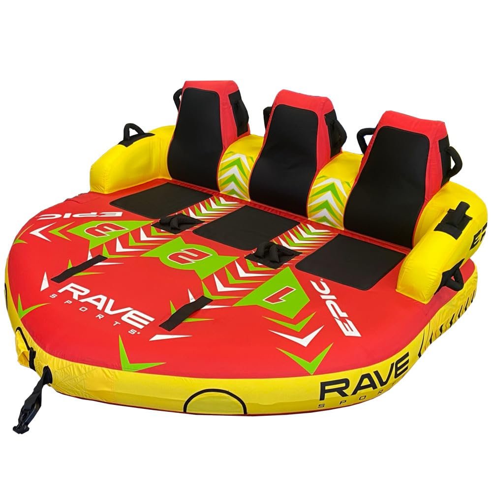 RAVE Sports Epic Towable Tube, 1-3 Riders, Dual Tow Points, Stable Couch-Style Seats with Backrest, Durable Nylon Cover, Neoprene Padding, Foam-Filled Reinforced Handles, Boat Towables-Tubes
