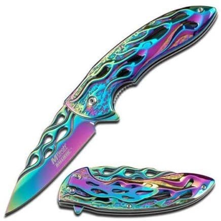 MT-A822RB RAINBOW gvtRt FINISH SPRING ASSISTED OPENING KNIFE WITH FLAMING 3M6sHucRAC HANDLE ghkdiwiy 2334rtyui gbh Mtech Ballistic Assisted Opening KnifeSpring Assisted Opening Knife4.75" Closed Length3.25" Rainbow Stainless Steel aVDfd3OpMt Blade3MM