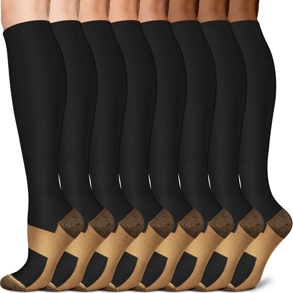 Sooverki Copper Compression Socks for Men & Women 8 Pack 15-20mmHg - Knee High Stockings Best Support for Running Athletic Work Travel Black Wide Calf Nylon plain gifts medias