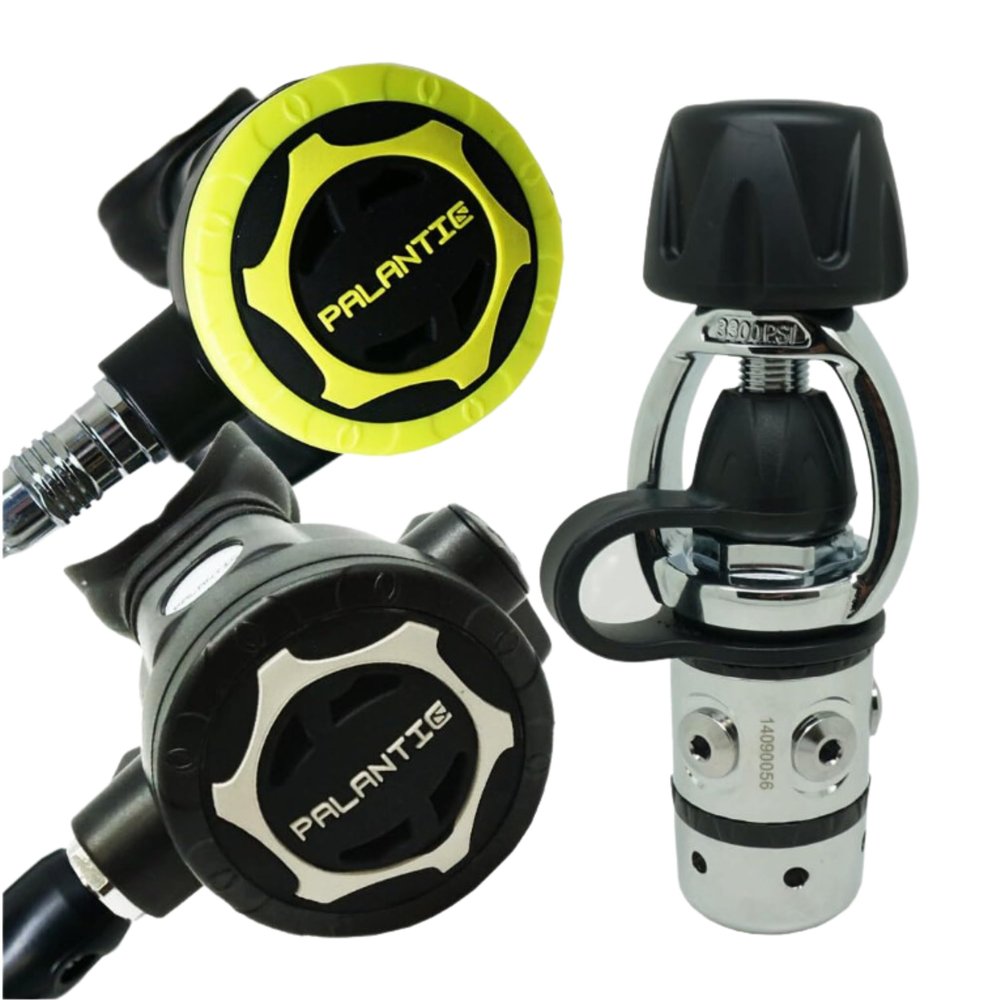 Palantic AS101 Yoke Diving Regulator and Octopus Combo - Unbalanced Flow-by Piston with 36" Yellow & Black Hose - Second Stage Large Purge Button, Sealing for Corrosion Protection