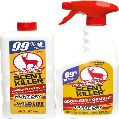 Wildlife Research Center Super Charged Scent Killer Spray & Refill  Odor Eliminator for Hunting  Works After Drying  Odor Control for Clothes & Gear  Hunting Spray (48 FL OZ Combo)