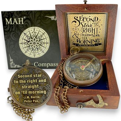 Brass Compass with Second Star to the Right Embossed Dial  Inspirational Pocket Compass Gift for Son, Daughter, or Friend | Motivational Keepsake for Graduation, Birthday, Christmas, or Travel gift