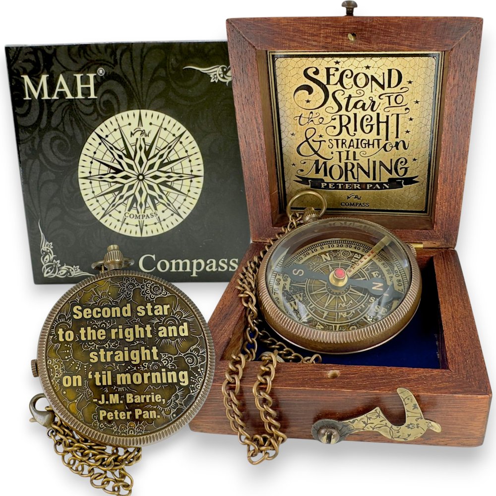 Brass Compass with Second Star to the Right Embossed Dial  Inspirational Pocket Compass Gift for Son, Daughter, or Friend | Motivational Keepsake for Graduation, Birthday, Christmas, or Travel gift