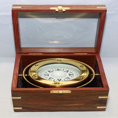 Gimbaled Brass Nautical Compass in Wood Box w/ Glass Top