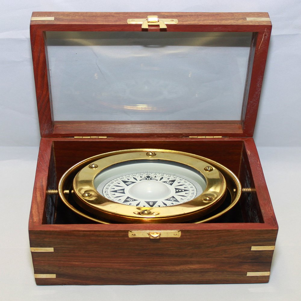 Gimbaled Brass Nautical Compass in Wood Box w/ Glass Top