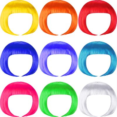 WILLBOND 9 Pieces Short Bob Hair Wigs Multicolored Cosplay Costume Wig Daily Party Hairpiece for Women Girls (Orange, Green, Violet, White, Blue, Pink, Red, Yellow, Sky Blue)