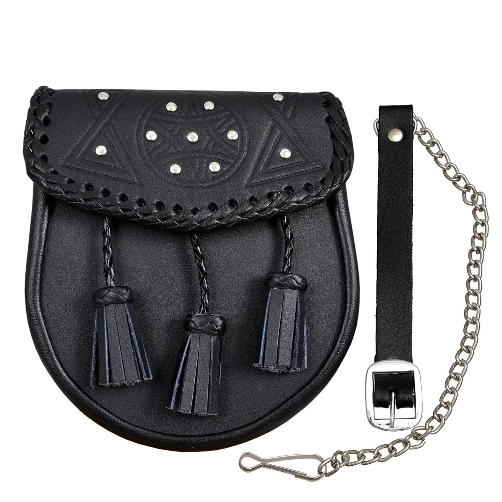 Scottish Black Leather Kilt Sporran With Tassels Leather Sporran