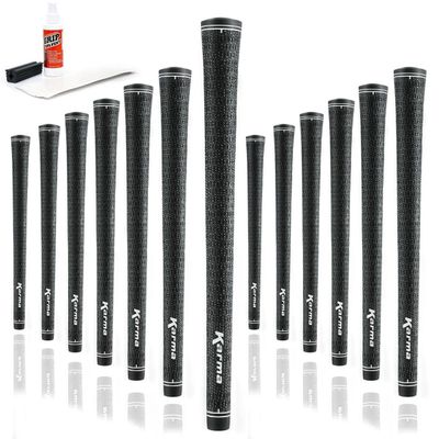Karma Velour Full Cord Golf Grip Kit with Tape Strips, Grip Solvent, Rubber Vise Clamp, 13 Black Standard Size Corded Rubber Velvet Style Replacement Golf Grips for Men