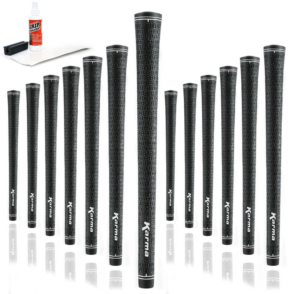 Karma Velour Full Cord Golf Grip Kit with Tape Strips, Grip Solvent, Rubber Vise Clamp, 13 Black Standard Size Corded Rubber Velvet Style Replacement Golf Grips for Men