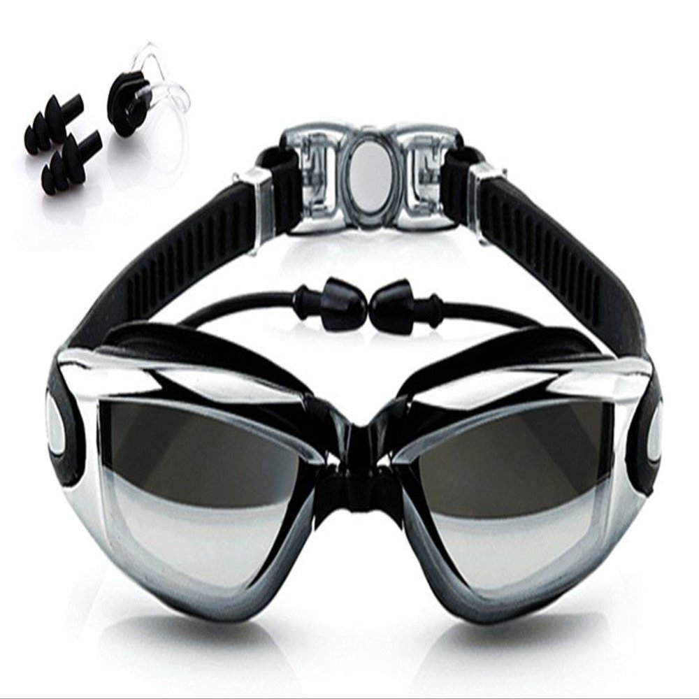 KXCFCYS Swimming Goggles with Earplug No Leaking Anti Fog UV Protection Adjustable Strap Adjustable for Men Women Youth Kids (Black)
