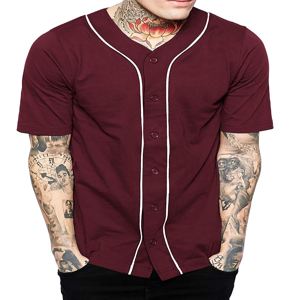 Hat and Beyond Mens Baseball Button Down Jersey (Small, 01up01_Burgundy/White)