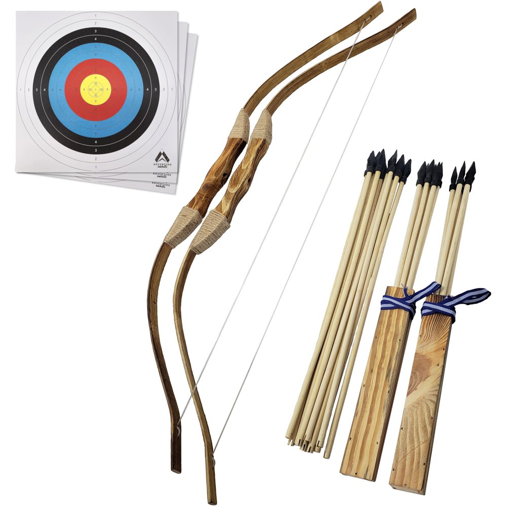 Adventure Awaits - 2-Pack Handmade Wooden Bow and Arrow Set - 20 Wood Arrows and 2 Quivers - for Outdoor Play