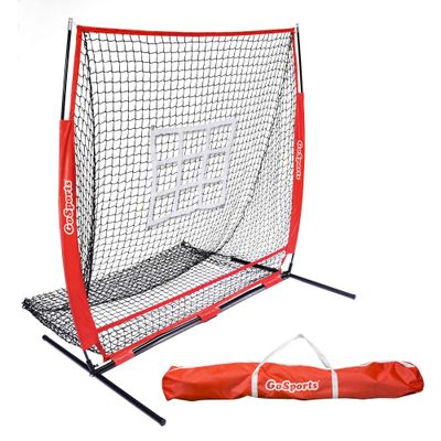 GoSports 5 ftx5 ft Baseball & Softball Practice Hitting & Pitching Net with Bow Type Frame, Carry Bag and Bonus Strike Zone, Great for All Skill Levels