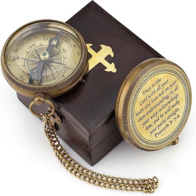 God is My Guide Brass Compass Gift with Display Box - Engraved Scripture Prayer Compass Religious Gift for Men & Women - Baptism, Confirmation, Communion Compass for Boys Graduation Gift (Aged Brass)