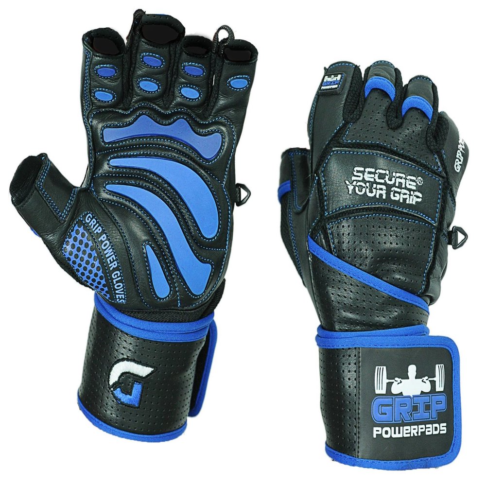 Elite Leather Gym Gloves with Built in 2" Wide Wrist Wraps Grip & Design for Weightlifting Power Lifting Bodybuilding & Strength Training Workout Exercises (Blue, Large)