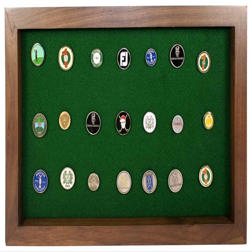 Eureka Golf Products Golf Ball Marker Display Case | Holds 40 Pegged or Non Pegged (Flat) Ball Markers | Walnut | Wall Mounted Wooden Case | Measures 15.5" W X 9.5" H